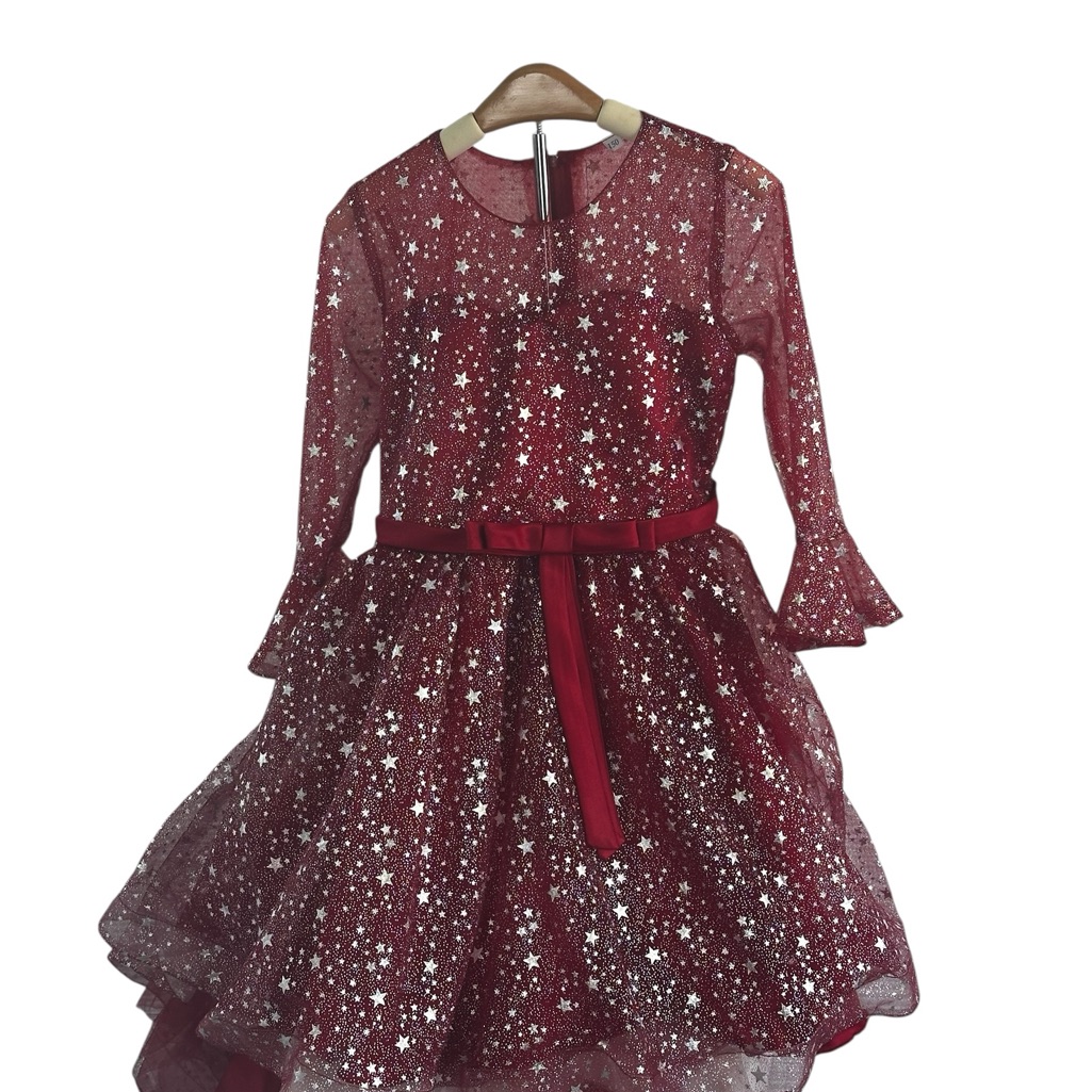 Girls Burgundy Star Glitter Tulle Dress Celestial Holiday Party Princess Dress
